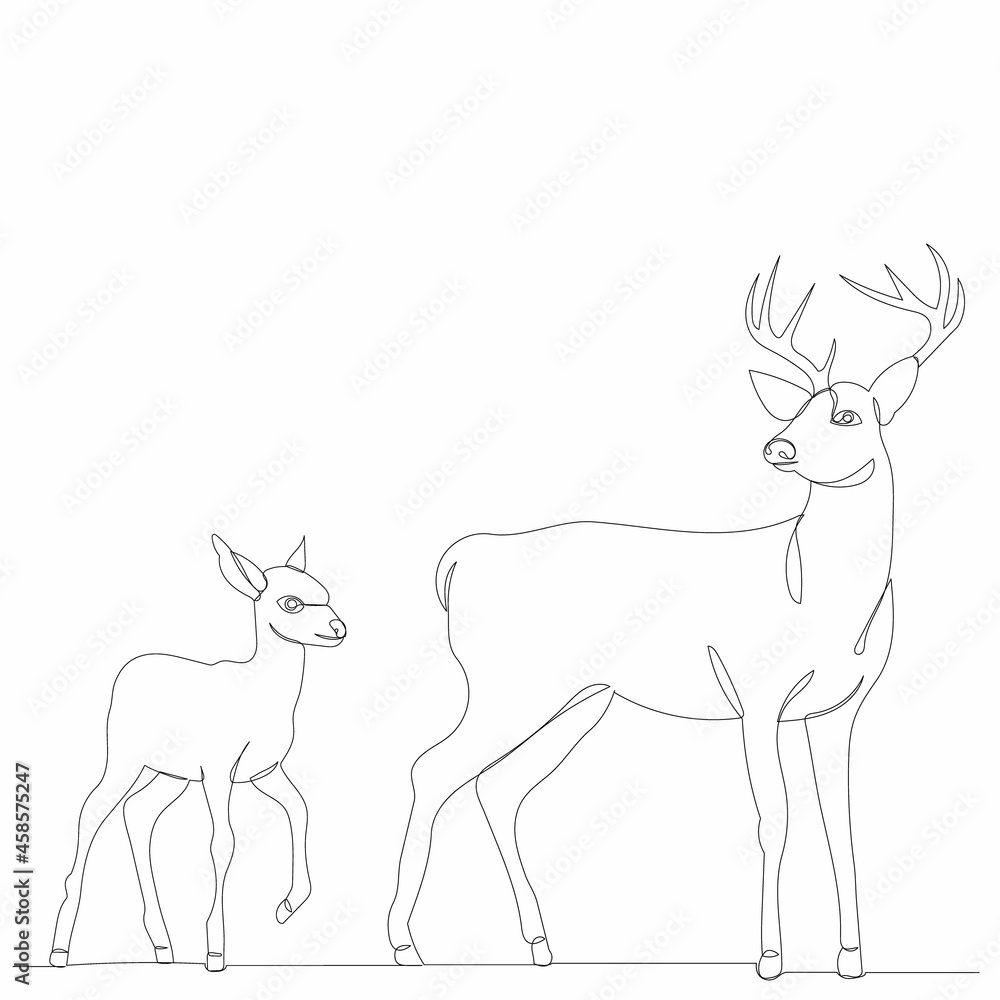 one continuous line drawing of a deer and a fawn