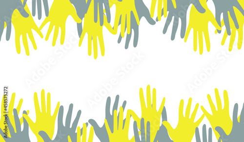 Hands of people with different skin colors, different nationalities and religions. Community activists, feminists are fighting for equality. The trend colors of 2021 are yellow and gray. Vector.