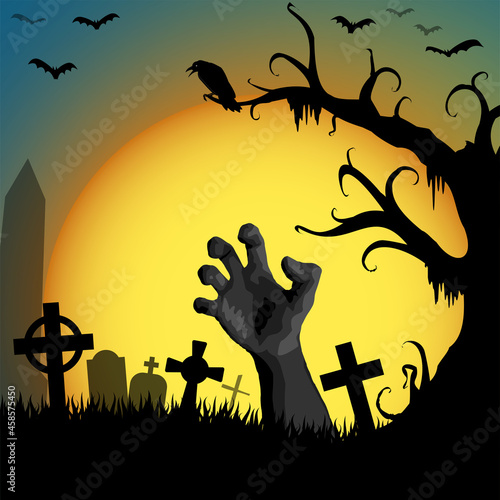 Halloween undead hand in front of full moon