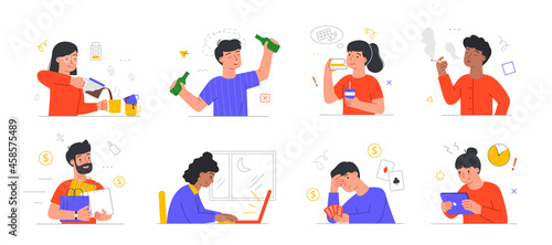 Set of scenes with male and female characters suffering from unhealthy habits on white background. Concept of unhealthy lifestyle, overweight kids, obesity, junk food. Flat cartoon vector illustration