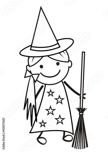 Witch with broomstick  cute vector illustration  coloring book
