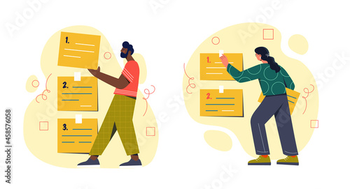 Set with young male and female entrepreneurs trying to prioritize sticky note with number first, second and third. Work priority, arrange to do list, task management. Flat cartoon vector illustration