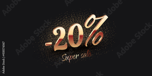 20 Percent Salling Background with golden shiny numbers on black. Super sale text. Black friday or new year discount design template
