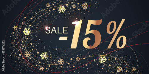 15 Percent Sale Background with golden shiny numbers and snowflakes on black. New Year, Christmas and Black Friday holiday discount design template. Seasonal promotion poster