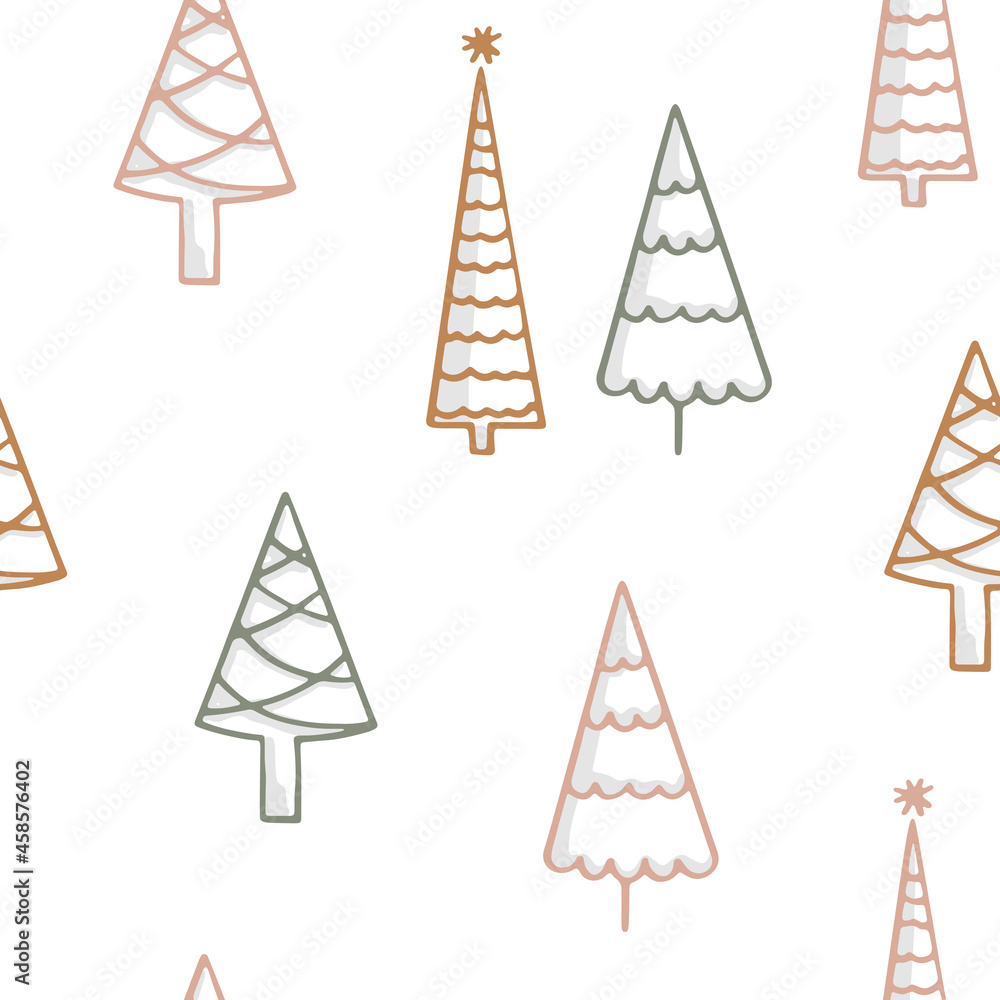 Colorful festive seamless pattern with spruce. Winter line art forest for Christmas holidays and decorative design. Abstract botanical endless background for wrapping paper and textile Colorful festive seamless pattern with spruce. Winter line art forest for Christmas holidays and decorative design. Abstract botanical endless background for wrapping paper and textile