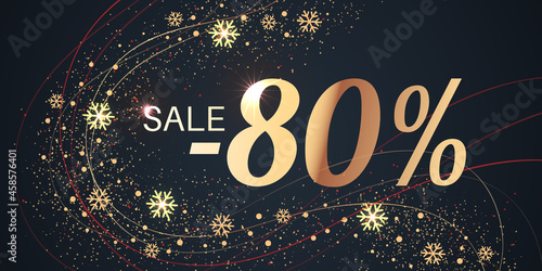 80 Percent Sale Background with golden shiny numbers and snowflakes on black. New Year, Christmas and Black Friday holiday discount design template. Seasonal promotion poster