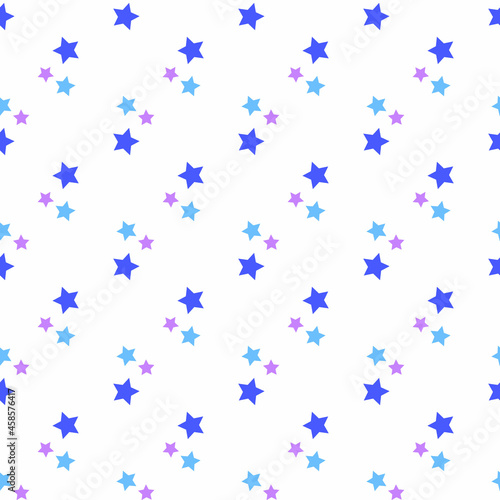 Seamless pattern with blue and lilac stars on a white background. Use for fabric, wrapping paper, wallpaper, print, backdrops, baby clothes, napkins, bags, merchandise, clothing, and artwork.