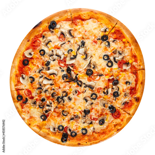 Isolated pizza with mushrooms and olives on white background