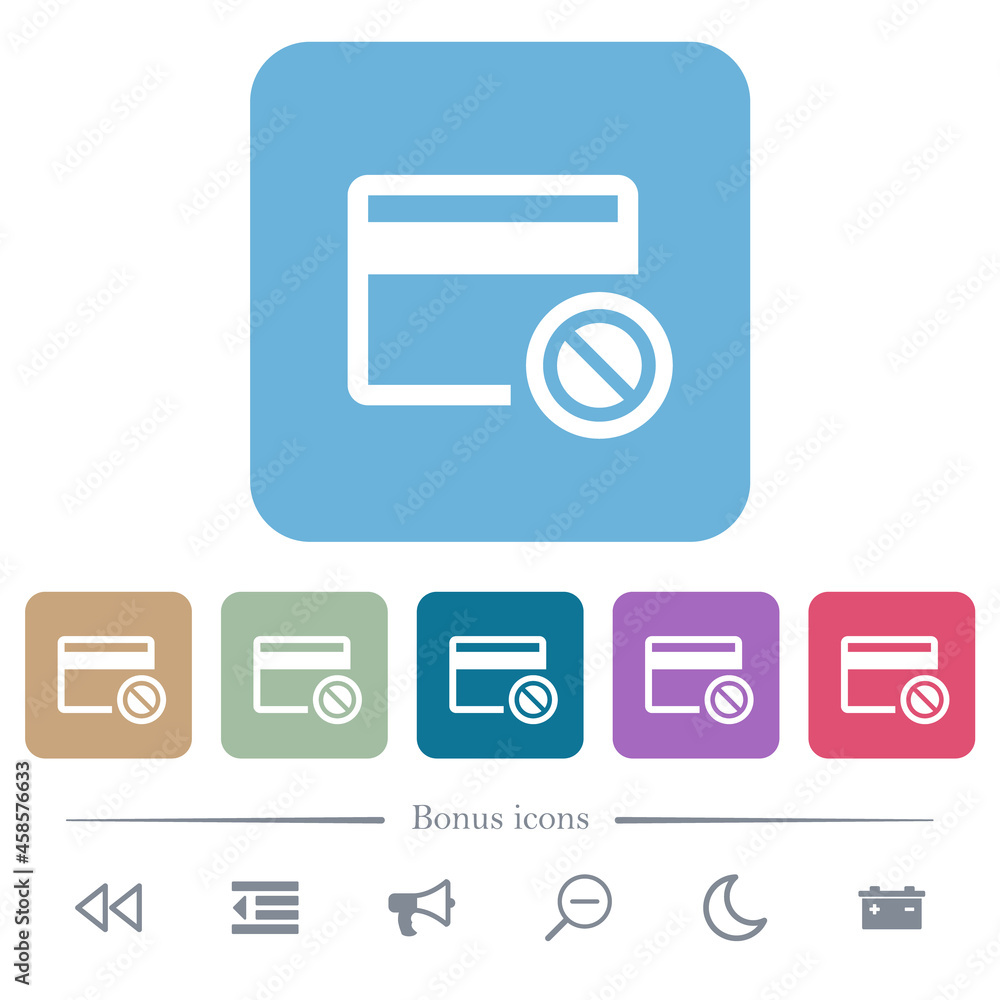 Credit card disabled flat icons on color rounded square backgrounds Credit card disabled flat icons on color rounded square backgrounds