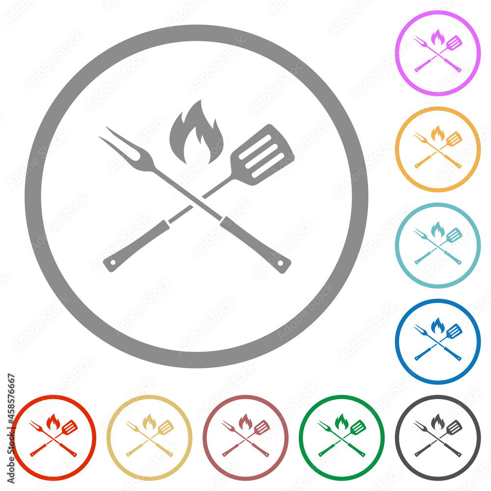 Barbecue fork and spatula with flame flat icons with outlines Barbecue fork and spatula with flame flat icons with outlines