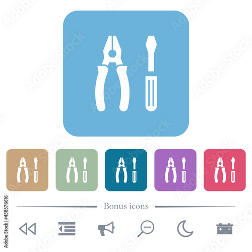 Combined pliers and screwdriver flat icons on color rounded square backgrounds