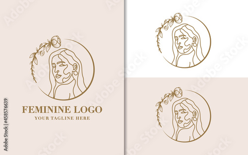 Hand drawn feminine woman beauty minimal face and floral botanical logo template for makeup spa salon skin   hair care line art portrait vector printable illustration design
