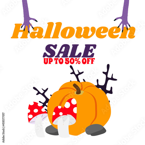 Halloween sale verticall banner in cartoon style. The illustration depicts a pumpkin and two purple scary stretching hands reach for the text. Funny and spirited design. photo