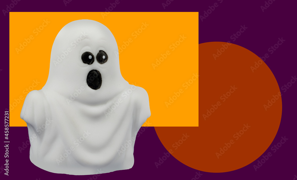 Cartoon halloween ghost against the background of graphic elements in traditional halloween colors. Cartoon halloween ghost against the background of graphic elements in traditional halloween colors.