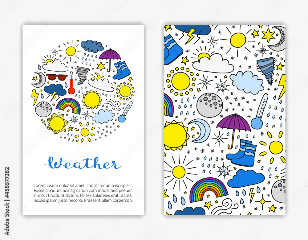 Card templates with doodle weather items. Card templates with doodle weather items.