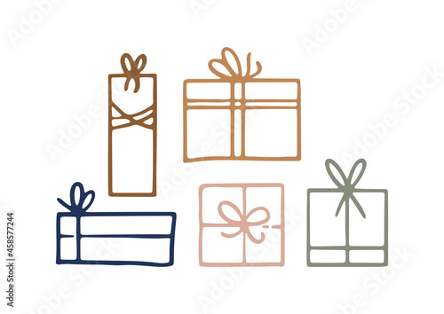Hand drawn line art collection with gift boxes isolated on white background. Doodle gift box icons with bows for holiday decorations, Christmas design and birthdays. Flat vector illustration