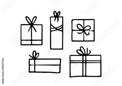 Hand drawn line art collection with gift boxes isolated on white background. Doodle gift box icons with bows for holiday decorations, Christmas design and birthdays. Flat vector illustration