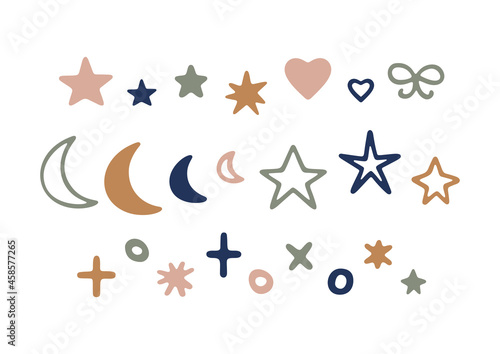 Hand drawn Christmas decorative elements  stars  moons  bow  snowflakes isolated on white background. Festive elements for winter holidays  Christmas design. Flat vector illustration