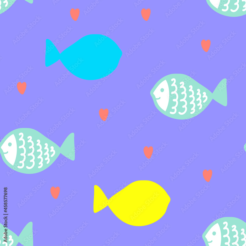 Seamless pattern with colorful fish and hearts,print for wallpaper,cover,kids textile,nursery decoration,interior design,baby fashion,violet background,underwater illustration Seamless pattern with colorful fish and hearts,print for wallpaper,cover,kids textile,nursery decoration,interior design,baby fashion,violet background,underwater illustration