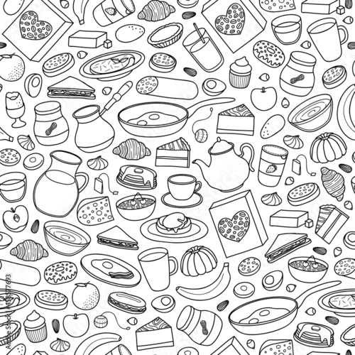 Seamless pattern with breakfast dishes.