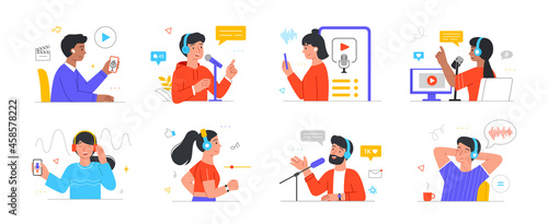 Set of smiling male and female characters listening and recording podcasts on white background. Joyful radio host interviewing guest and mass media broadcasting. Flat cartoon vector illustration
