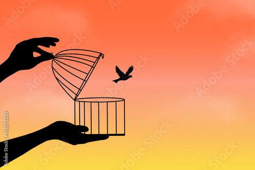 Dream Bird Flying Away, a bird flying out of the cage, the bird released from cage, freedom concept. © Nature Clicks