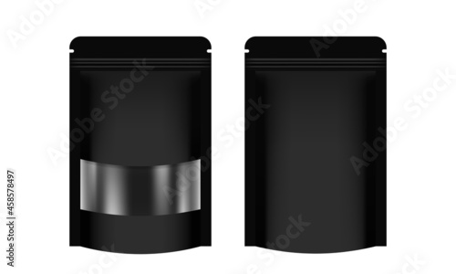 zipper paper bag black packaging with transparent window label, coffee bag paper kraft, paper bag for mock-up branding and food product container, 3d illustration