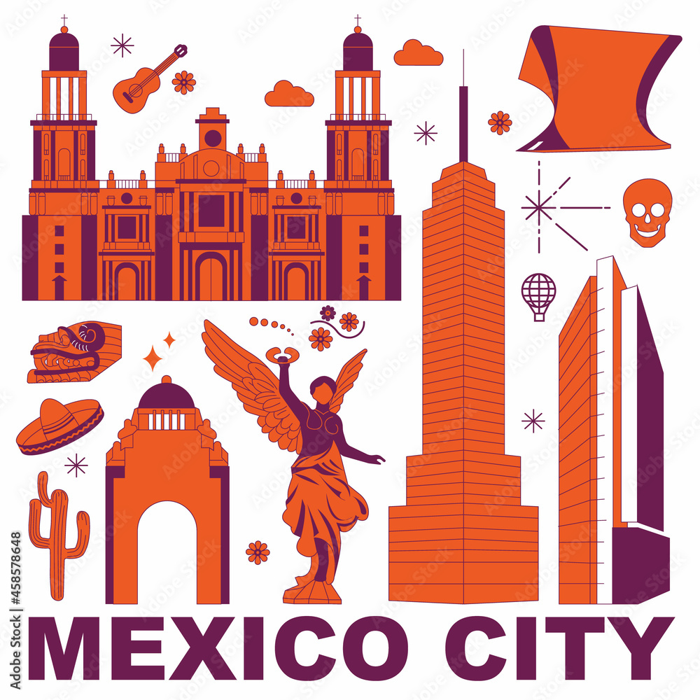 Mexico City culture travel set, famous architectures and specialties in flat design. Business Mexican tourism concept clipart. Image for presentation, banner, website, advert, flyer, roadmap, icons