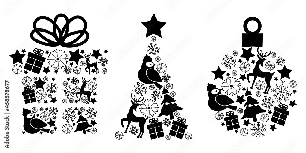 Vector black and white silhouettes of christmas ball, tree and gift box with christmas icons of deer, snowflakes, stars, fir