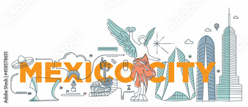 Typography word "Mexico City" branding technology concept. Collection of flat vector web icons, culture travel set, famous architectures and specialties detailed silhouette. Mexican famous landmark.