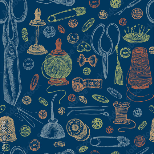 Seamless pattern with hand-drawn vintage sewing tools. Scissors, buttons, threads, needles, pins, spools, tailor meter, lace. Sketch engraving style. Retro digital paper, old fabric design Vector