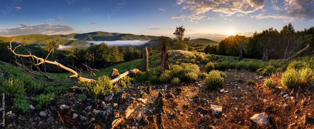 Green mountain landscape with sun  - panorama, Slovakia - obrazy, fototapety, plakaty 
