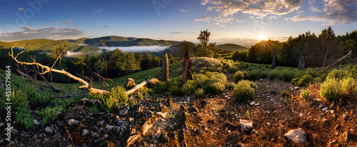 Green mountain landscape with sun  - panorama, Slovakia