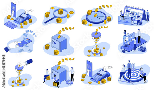 Electronic payments,bank savings,time management, online payment, time money.A set of isometric icons vector illustrations on the topic of business and technology.