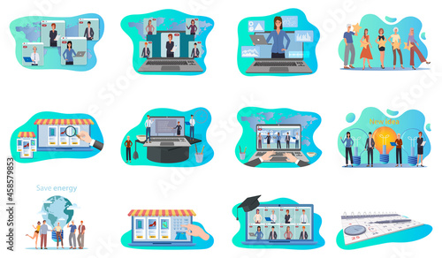 Online conference,new ideas,energy conservation, rating, time management, online education.A set of flat icons vector illustrations on the topic of business and technology.