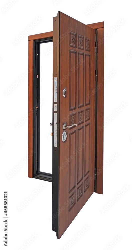 Model of open entrance metal door isolated on white background Model of open entrance metal door isolated on white background