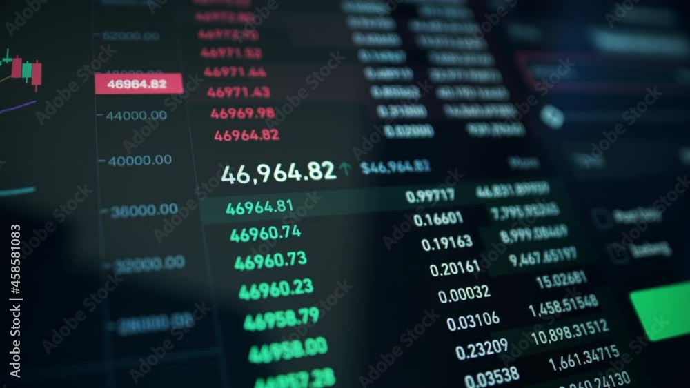 Close view of a screen with Stocks on it. Full Bitcoin info, prices, history, dynamic changing Close view of a screen with Stocks on it. Full Bitcoin info, prices, history, dynamic changing