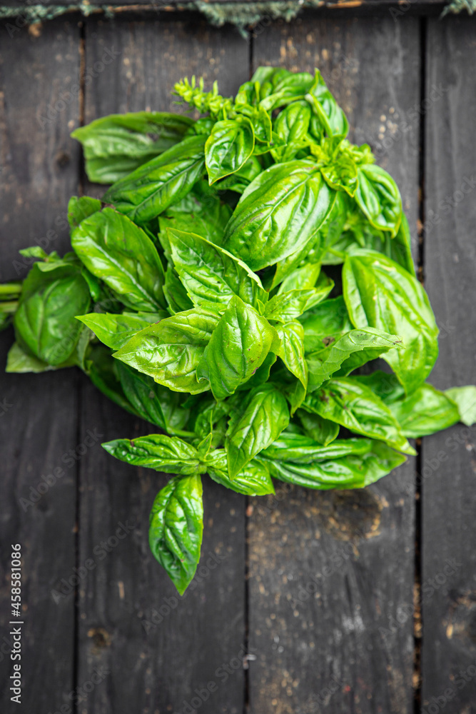 basil fresh juicy green petals aromatic seasoning raw fresh portion ready to eat meal snack on the table copy space food background rustic. top view basil fresh juicy green petals aromatic seasoning raw fresh portion ready to eat meal snack on the table copy space food background rustic. top view