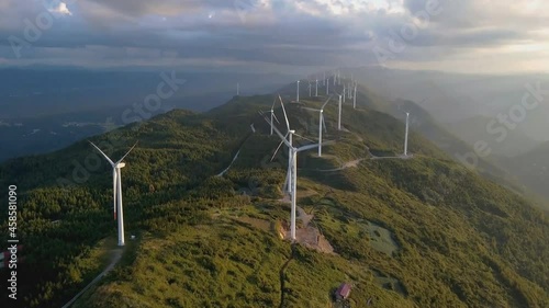 Zhoushan, Zhejiang province, China. Nice aerial view of wind turbines in a picturesque mountainous area. photo
