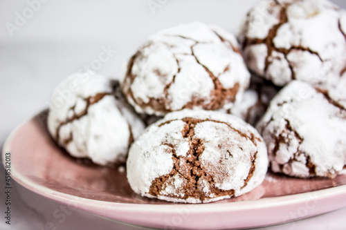 chocolate cookies with white background selective focus