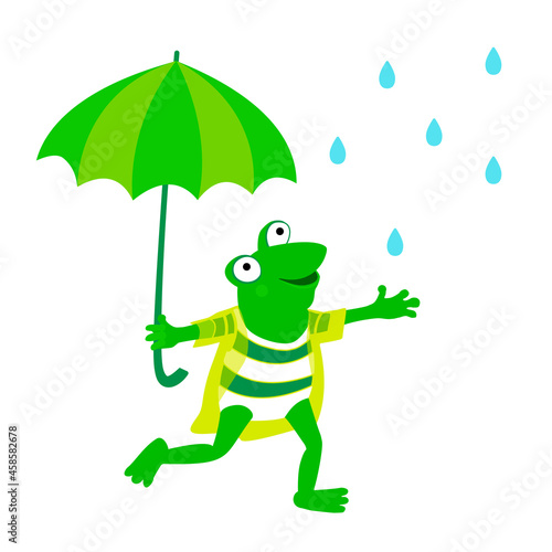 Frog with umbrella in rain. Vector cartoon illustration isolated on white background.