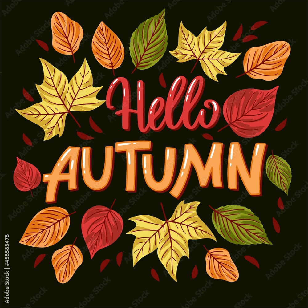 hello autumn lettering background with leaves vector design illustration