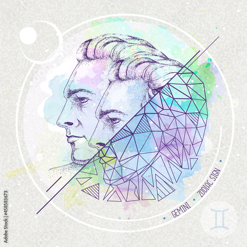 Realistic hand drawing and polygonal men head illustration on watercolor background. Magic card with Gemini zodiac sign photo