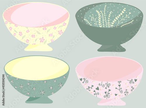 ilustración vectorial editable de cuatro canastos, canastas estampadas con flores en tonos amarillos, verdes y rosados