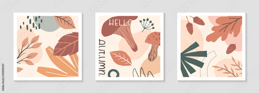 Set of autumn abstract decorative prints with organic various shapes,foliage,mushrooms and lettering - hello autumn.Moderm seasonal design.Universal artistic banners.Trendy fall vector illustrations.