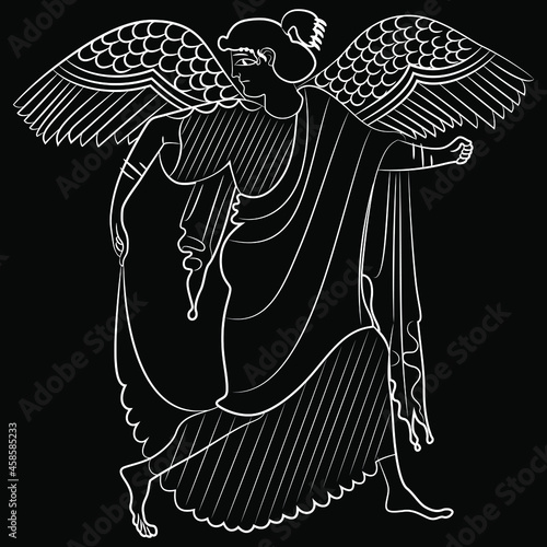 Ancient Greek winged goddess Nike. Vase painting style. Antique angel. Linear white silhouette on black background.