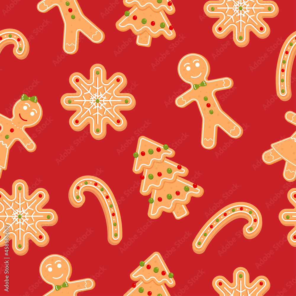 Seamless pattern with gingerbread man, snowflake and candy. Christmas cookie. Cartoon vector illustration on red background. 