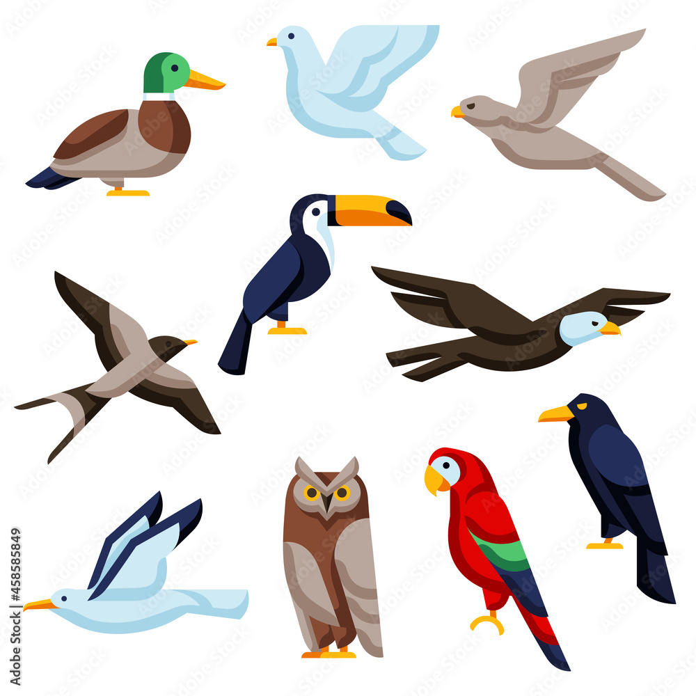 Set of stylized birds. Image of wild birds in simple style. Set of stylized birds. Image of wild birds in simple style.