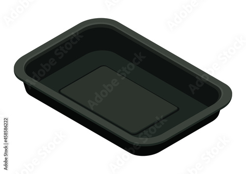 Black plastic food container, isometric view. 3D rendering. Vector illustration.