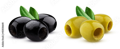 Black and green pitted olives isolated on white background